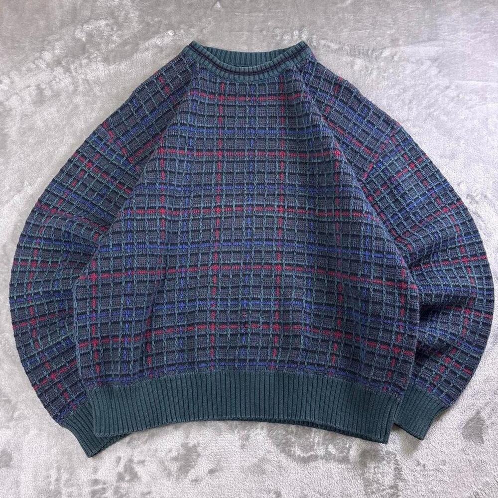 Vintage Knit Sweater Mens M-L Estimated Plaid Crewneck Grandpa Core Pullover